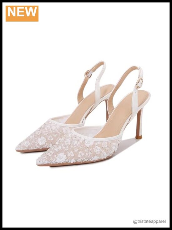 Shoes - Lace Slingback Stiletto Heel Pumps Pointed Closed Toe Ankle Strap Dress Shoes